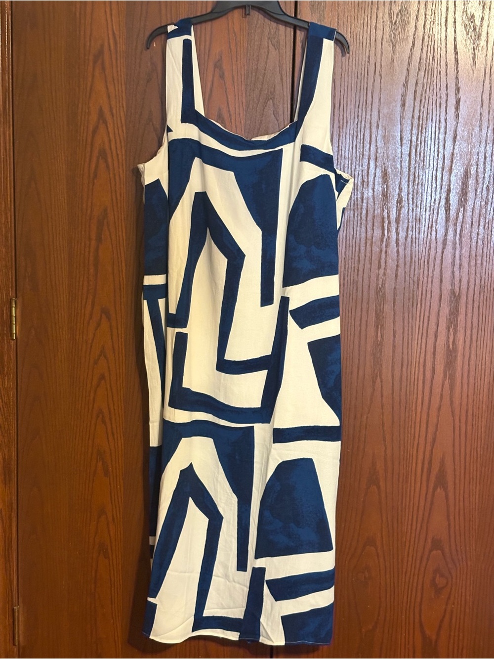 White Birch Sleeveless White Midi Dress with Bold Blue Geometric Print 3X